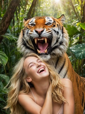 1girl, A whimsical Photo of a young girl with straight blond hair, laughing hysterically while revealing her sharp fangs. Behind her, a tiger with strikingly similar fangs joins in the laughter, its massive body and orange fur contrasting with the girl's delicate features. Both the girl and the tiger are surrounded by a vibrant, lush jungle environment, with sunrays filtering through the trees and casting a warm and playful atmosphere.