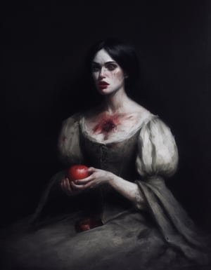 Painting of Snow white, bloodied, holding apple, sitting on the ground dramatically, Victorian era clothing, gothic terror,   smeared dream like black background, in the style of Nicola Samori 
