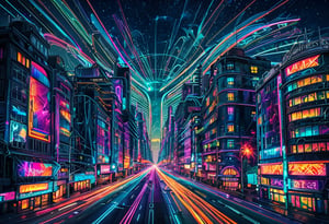 City skyline at night, cool colors, vibrant lights, futuristic style, wide angle, bustling streets, dark sky. ral-exposure, in the style of double exposure, neon art nouveau, long exposure, wimmelbilder, layered lines, neonpunk, chiaroscuro, best quality, masterpiece, highres, absurdres, incredibly absurdres, huge filesize, wallpaper, colorful,8K,RAW photo 