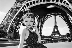 20yo Audrey Hepburn in a polkadot summer dress in Paris, Eiffel Tower in the background,