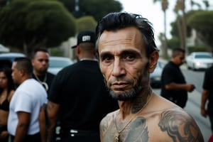 Candid Street Photo. Closeup shot of Abraham Lincoln as a Latino Gang member. Shirtless, tattooed. Busy street of Los Angeles. Canon 5d Mark 4, Kodak Ektar