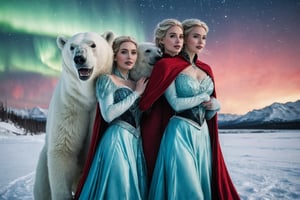 Photo Closeup of two women holding a polar bear. One is dressed as Elsa from Frozen in a stunning ice-blue dress with a flowing cape, and the other dressed as Anna in a bright red and white outfit. The snowy landscape surrounding them adds to the enchanting atmosphere, with a beautiful northern lights display illuminating the sky. Style by J.C. Leyendecker. Canon 5d Mark 4, Kodak Ektar, 35mm