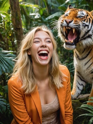 1girl, A whimsical Photo of a young woman with straight blond hair, laughing hysterically while revealing her sharp fangs. Behind her, a tiger with strikingly similar fangs joins in the laughter, its massive body and orange fur contrasting with the girl's delicate features. Both the girl and the tiger are surrounded by a vibrant, lush jungle environment, with sunrays filtering through the trees and casting a warm and playful atmosphere.
