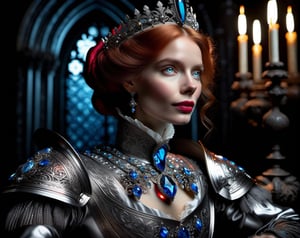 Studio photo closeup portrait Victorian European woman with blue eyes and red hair wearing intricate silver metal crystal medieval armor (sitting inside a castle:1.3),  black Victorian attire,  Rembrandt light,  zbrush,  (black background:1.7),  glossy,  rtx,  reflections,  soft light,  soft shadows,  dramatic lighting,  atmospheric,  global illumination,  unreal,  octane,  (two-tone lighting:1.5),  (cyan light:1.4),  Alphonse Mucha