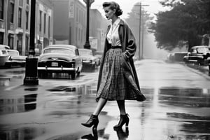 B & W Photo of a 20yo woman wearing a 50s Plaid Shirt Skirt, long cardigan, walking on wet pavement. Style by J.C. Leyendecker. Canon 5d Mark 4, Kodak Ektar