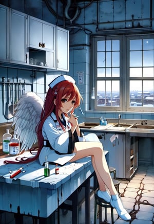 Anime artwork.  depressed angel anime girl (she has wings and long reddish hair and wearing a nurse uniform) sitting in a dirty russian-style kitchen in darkness and smoking a cigarette, only the dim light from a nimbus and the cigarette is illuminating in the room; on the outside of the window there's a photorealistic view on a night winter russian city of Norilsk with block buildings; on the table there is a syringe and some lab chemical stuff. art by Makoto Shinkai, art by J.C. Leyendecker