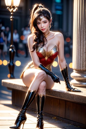 Wonder woman sitting in hotel lobby, Korean girl, (wonder woman costume with high heel boots), sheer open shirt on top, 1 girl, slim waist and big hips, 23yo, high ponytail, gorgeous, smile, hair blown by wind, crossing legs, 

(high-detail, high quality, high-level image quality), masterpiece, Best Quality, Detailed face, exquisite face with symmetry, 
masterpiece, very detailed beautiful face and eyes, Perfect Anatomy, looking_at_viewer, perfect legs, Perfect fingers, perfect hand, Perfect body, perfect feet, very sexy, firm body, tight abs, (high pony tail), detailed beautiful face and eyes, smile, hourglass body shape, better_hands, 

(masterpiece, best quality:1.4), (beautiful, aesthetic, perfect, delicate, intricate:1.2), (cute, adorable), (realistic:1.3), cinematic shot, moody lighting, (1girl, solo), (perfect female form, perfect face, thick lips, glossy lips, parted lips, expressive eyes, eyeliner), glossy skin, shiny skin, oiled skin, sweat, (posing, very sexy pose, sitting), sweat, (at night:1.4), 1 girl,kimtaeri