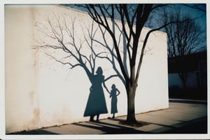 Analog Polaroid photo of shadows on a white wall and sidewalk of a leafless tree and a woman
