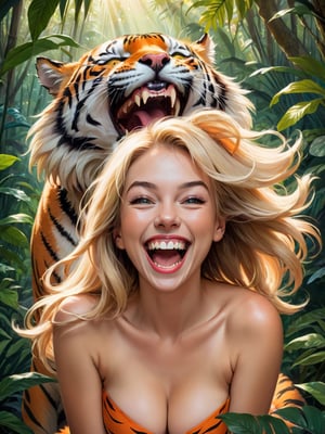 1girl, A whimsical Photo of a woman with straight blond hair, laughing hysterically while revealing her sharp fangs. Behind her, a tiger with strikingly similar fangs joins in the laughter, its massive body and orange fur contrasting with the girl's delicate features. Both the girl and the tiger are surrounded by a vibrant, lush jungle environment, with sunrays filtering through the trees and casting a warm and playful atmosphere.