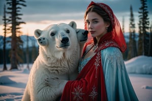Photo Closeup of two women holding a polar bear. One is dressed as Elsa from Frozen in a stunning ice-blue dress with a flowing cape, and the other dressed as Anna in a bright red and white outfit. The snowy landscape surrounding them adds to the enchanting atmosphere, with a beautiful northern lights display illuminating the sky. Style by J.C. Leyendecker. Canon 5d Mark 4, Kodak Ektar, 35mm