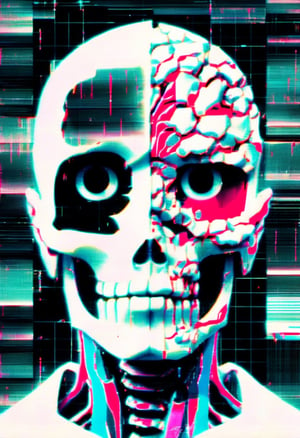 Hollowed out man's anatomy in white cloak with abstract eyes inside that seem to tear out,  glitchy distortions,  glitch effect,  VHS quality,  surrealist background, screen glitching, Kanji characters on the side, Japanese retro style in color
