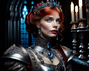 Studio photo closeup portrait Victorian European woman with blue eyes and red hair wearing intricate silver metal crystal medieval armor (sitting inside a castle:1.3),  black Victorian attire,  Rembrandt light,  zbrush,  (black background:1.7),  glossy,  rtx,  reflections,  soft light,  soft shadows,  dramatic lighting,  atmospheric,  global illumination,  unreal,  octane,  (two-tone lighting:1.5),  (cyan light:1.4),  Alphonse Mucha