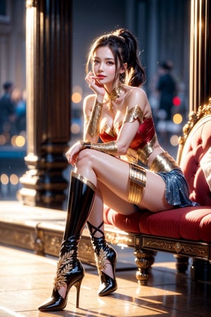 Wonder woman sitting in hotel lobby, Korean girl, (wonder woman costume with high heel boots), sheer open shirt on top, 1 girl, slim waist and big hips, 23yo, high ponytail, gorgeous, smile, hair blown by wind, crossing legs, 

(high-detail, high quality, high-level image quality), masterpiece, Best Quality, Detailed face, exquisite face with symmetry, 
masterpiece, very detailed beautiful face and eyes, Perfect Anatomy, looking_at_viewer, perfect legs, Perfect fingers, perfect hand, Perfect body, perfect feet, very sexy, firm body, tight abs, (high pony tail), detailed beautiful face and eyes, smile, hourglass body shape, better_hands, 

(masterpiece, best quality:1.4), (beautiful, aesthetic, perfect, delicate, intricate:1.2), (cute, adorable), (realistic:1.3), cinematic shot, moody lighting, (1girl, solo), (perfect female form, perfect face, thick lips, glossy lips, parted lips, expressive eyes, eyeliner), glossy skin, shiny skin, oiled skin, sweat, (posing, very sexy pose, sitting), sweat, (at night:1.4), 1 girl,kimtaeri