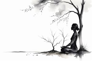 Black and White minimalist watercolor painting of a woman meditating beside a dead sapling.  Simple background