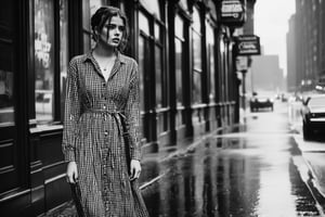 B & W Photo of a 20yo woman wearing a plaid shirtwaist dress, long cardigan, walking on wet pavement. Style by J.C. Leyendecker. Canon 5d Mark 4, Kodak Ektar