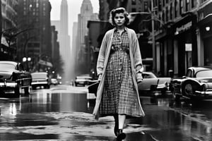 Vintage analog, grainy B & W Photo of a 19yo short girl wearing a plaid shirtwaist dress, long cardigan, walking on wet pavement. New York City. Style by J.C. Leyendecker. Canon 5d Mark 4, Kodak Ektar