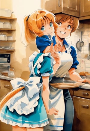 Lynn Minmay, 1girl, playful maid, pony tail, apron, kitchen, ginger, freckles, flirting, masterpiece, the best quality, very aesthetic, absurdres, traditional media, watercolor