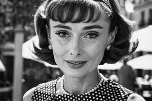 B & W Closeup. Photo of Audrey Hepburn in a polkadot summer dress in summer, Paris, Canon 5d Mark 4, Kodak Ektar