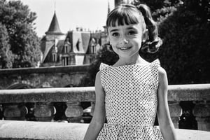B & W Photo of a young 2yo Audrey Hepburn in a polkadot summer dress in summer, Paris, Canon 5d Mark 4, Kodak Ektar