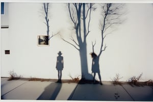 Analog Polaroid photo of shadows on a white wall and sidewalk of a dead tree and a woman