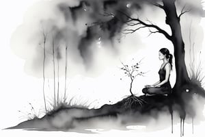 Black and White minimalist watercolor painting of a woman meditating beside a dead sapling.  Simple background