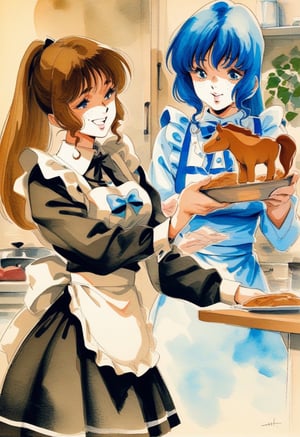 Lynn Minmay, 1girl, maid uniform, pony tail, apron, kitchen, ginger, freckles, flirting, masterpiece, the best quality, very aesthetic, absurdres, traditional media, watercolor