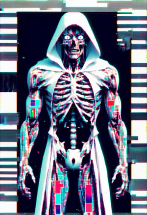 Full body shot, Hollowed out man's anatomy in white cloak with abstract eyes inside that seem to tear out,  glitchy distortions,  glitch effect,  VHS quality,  surrealist background, screen glitching, Kanji characters on the side, Japanese retro style in color