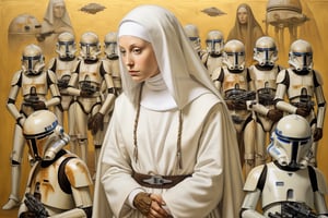 Renaissance painting of a nun dressed in white, surrounded by Star Wars Trade Federation Droids who are trying to comfort her. Style by da Vinci. Style by Botticelli. 