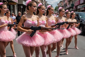 Photo Closeup of a group of woman ballerinas in pink tutus, parading through the street holding AK47s.