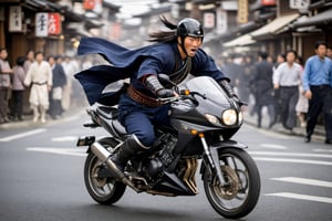 Photo Portrait of a Samurai riding a motorcycle across a busy street in Kyoto in 1800. action shot