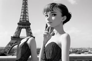 B & W Photo of a young 20yo Audrey Hepburn in a polkadot summer dress in Paris, Eiffel Tower in the background, Canon 5d Mark 4, Kodak Ektar