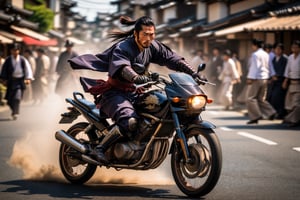 Photo Portrait of a Samurai riding a motorcycle across a busy street in Kyoto in 1800. action shot