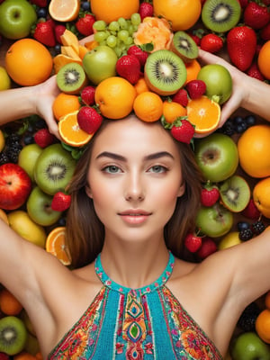 Photo of a young woman with fruit on her head, vibrant, color, intricate, sharp focus, cinematic light, highly detailed, clear, beautiful, elegant, confident,, complex, glowing, epic, stunning, attractive, dynamic, amazing, professional, winning, smart, creative, positive, loving, pretty, joyful, cute, symmetry, fine, inspired, colorful, background