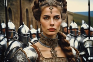 Vintage analog Photo. Close up portrait of a Medieval woman in an elaborate dress, in front of an army of mounted Knights.  Cinematic. Style by J.C. Leyendecker. Canon 5d Mark 4, Kodak Ektar
