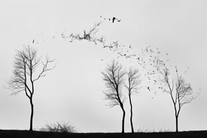An abstract, minimalist line sketch of group of leafless trees silhouettes being blown sideways by an extremely strong wind, while a flock of bird fly overhead, photo