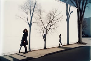 Analog Polaroid photo of shadows on a white wall and sidewalk of a leafless tree and a woman