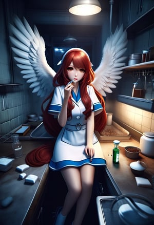 Depressed angel anime girl (she has wings and long reddish hair and wearing a nurse uniform) sitting in a dirty russian-style kitchen in darkness and smoking a cigarette, only the dim light from a nimbus and the cigarette is illuminating in the room; on the outside of the window there's a photorealistic view on a night winter russian city of Norilsk with block buildings; on the table there is a syringe and some lab chemical stuff