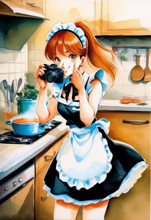 1 girl, playful maid, pony tail, apron, kitchen, ginger, freckles, flirting with camera, masterpiece, traditional media, watercolor