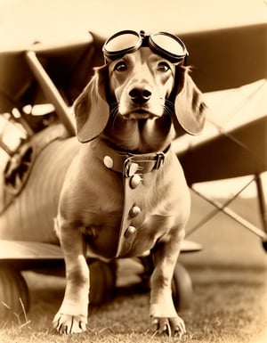 Photo of a WW1 biplane with a Dachshund  as pilot, goggles 