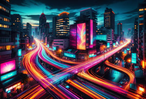 City skyline at night, cool colors, vibrant lights, futuristic style, wide angle, bustling streets, dark sky. ral-exposure, in the style of double exposure, neon art nouveau, long exposure, wimmelbilder, layered lines, neonpunk, chiaroscuro, best quality, masterpiece, highres, absurdres, incredibly absurdres, huge filesize, wallpaper, colorful,8K,RAW photo ,Long_Exposure