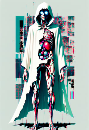 Full body shot, Hollowed out man's anatomy in white cloak with abstract eyes inside that seem to tear out,  glitchy distortions,  glitch effect,  surrealist background, Kanji characters on the side, Japanese retro style in color