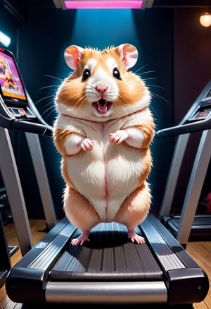 Photo,  Fat Hamster working out on a treadmill,  canon 5d mark 4,  neon light,  Kodak Ektar,  art by J.C. Leyendecker