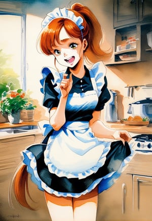 1 girl, playful maid, pony tail, apron, kitchen, ginger, freckles, flirting, masterpiece, the best quality, very aesthetic, absurdres, traditional media, watercolor