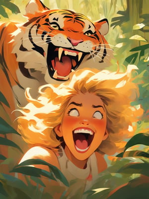 1girl, A whimsical illustration of a young girl with straight blond hair, laughing hysterically while revealing her sharp fangs. Behind her, a tiger with strikingly similar fangs joins in the laughter, its massive body and orange fur contrasting with the girl's delicate features. Both the girl and the tiger are surrounded by a vibrant, lush jungle environment, with sunrays filtering through the trees and casting a warm and playful atmosphere.