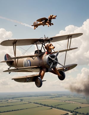 Long shot of a WW1 biplane with a Dachshund  as pilot 