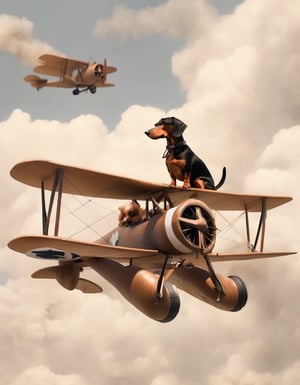 Long shot of a WW1 biplane with a Dachshund  as pilot 