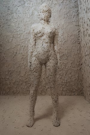 At "Biennale di Venezia" art exhibiton, Mirko Ferronato style, rough rurface material sculpture, raw material, beautiful woman full body sculpture, made of gypsum, light purple crystals inside small erosions, factory lab studio background, iperrealistic, super detailed, professional photography, 4k, hdr, Canon DSLR, f/ 2. 8