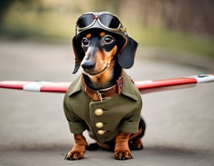 Dachshund dress as a WW1 flying ace flying in a biplace.