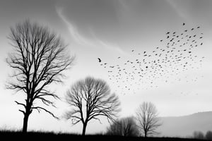 An abstract, minimalist line sketch of a few leafless tree silhouettes being blown by an extremely strong wind, while a flock of bird fly overhead, photo