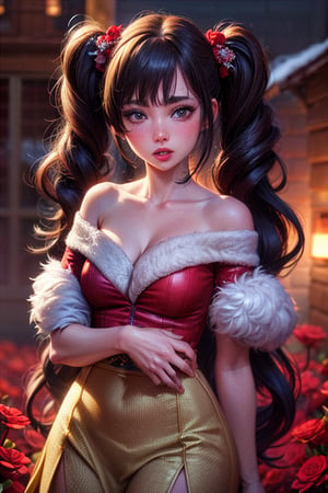 (best quality,  photorealistic,  masterpiece:1.3),  girl,  off shoulder,  skirt,  glossy lips,  pure innocence,  sweet and adorable,  blush,  cold,  long hair,  curly hair,  twintails,  fluffy snow,  snowflakes,  snowing,  stalagtites,  red flowers,  high detailed skin,  skin pores,  8k uhd,  dslr,  soft lighting,  high quality,  film grain,  Fujifilm XT3, more details,  detailed background,  , 